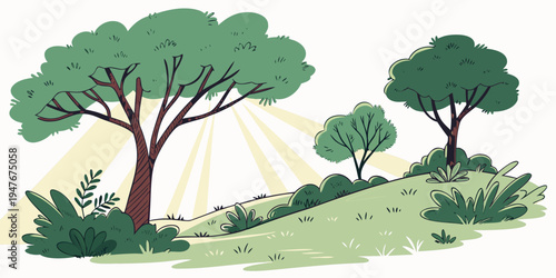 A serene landscape with trees and sun rays Vector