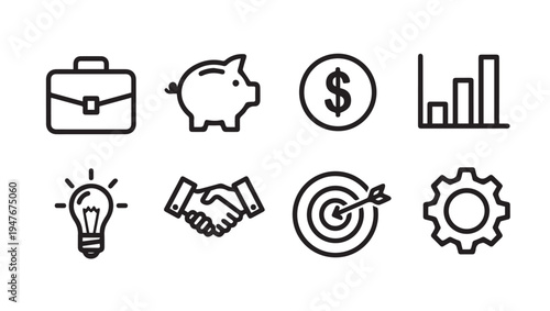 Business Icons Set: Finance Idea Partnership Goal Growth Savings Gear Briefcase
