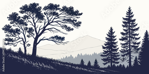 A scenic landscape with trees and mountains Vector
