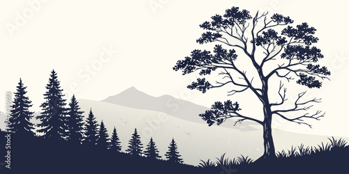 A tree and pine trees in front of a mountain range Vector