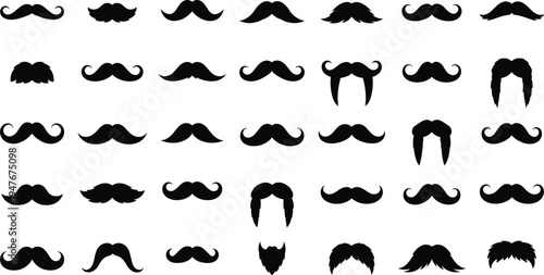 Large set of black mustache silhouette icons in various styles including handlebar chevron walrus imperial and horseshoe isolated on a white background