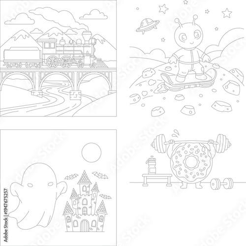 Creative coloring pages: mountain train, alien planet, halloween ghost house, and donut weightlifter outlines, coloring page