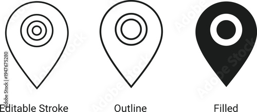 Location pin icon set featuring editable stroke outline and filled map pointer symbols for navigation travel GPS address tracking and web interface design
