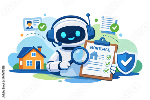 Friendly robot with headset and magnifying glass reviews mortgage document.