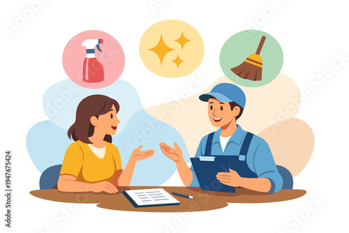 Customer discusses cleaning service with a professional cleaner.