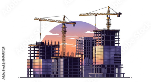 Modern Cityscape Construction Site with Cranes and Buildings.