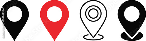 Location pin icons set, black red outlined design, geolocation marker symbol, navigation map pointer illustration, GPS concept, travel destination graphic element