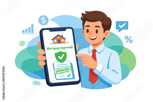 Man holding smartphone showing mortgage approved notification on screen.