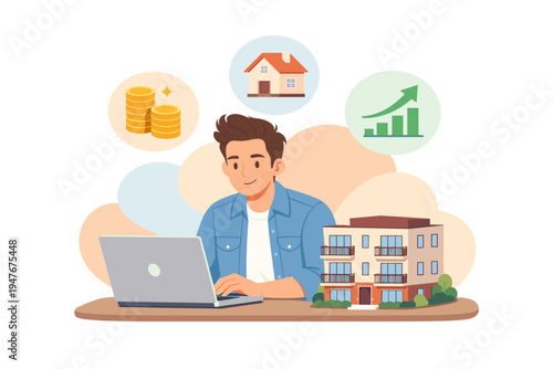 Man working on laptop with real estate investment icons.