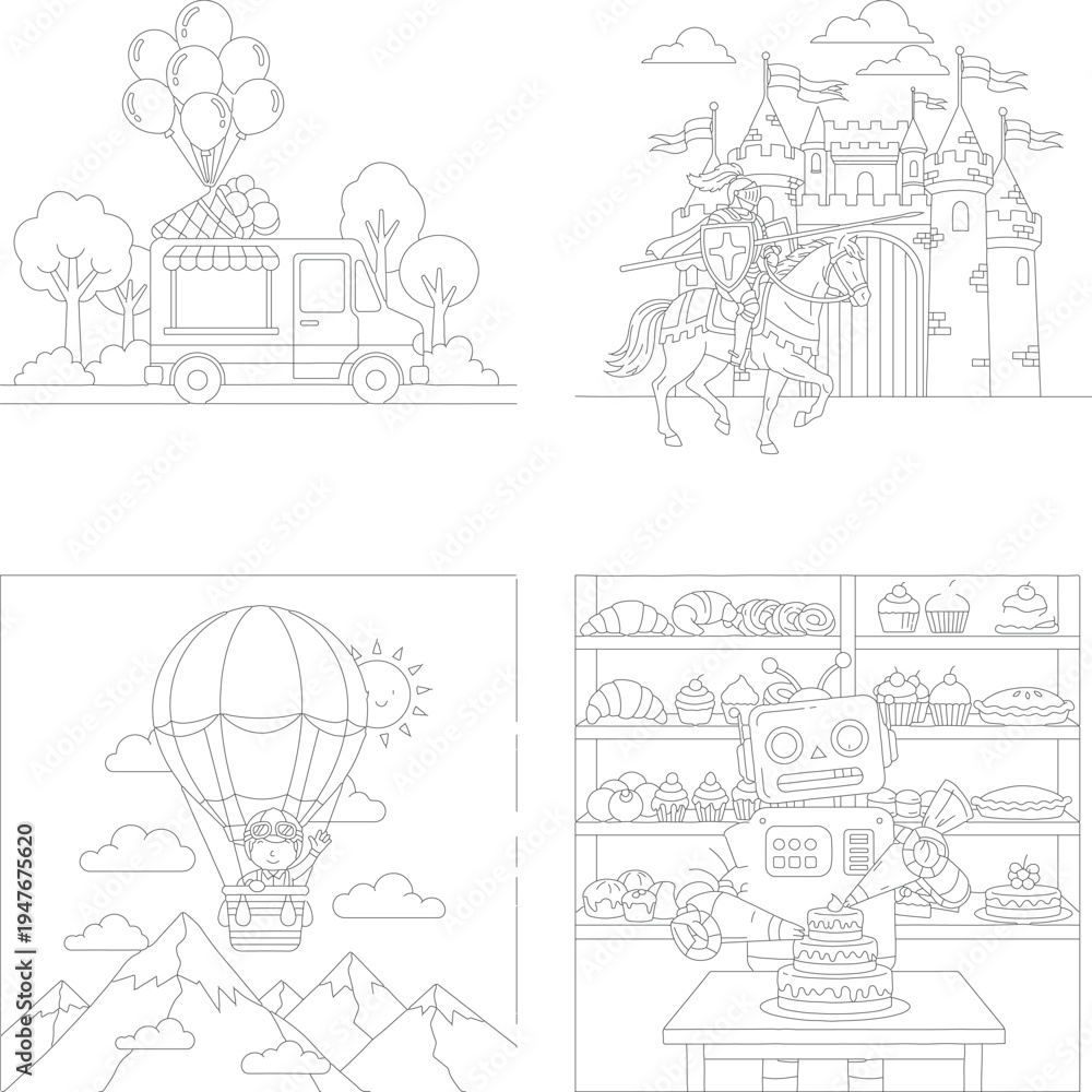 Fototapeta premium Diverse kids coloring pages: ice cream truck, medieval knight, hot air balloon, and bakery scene outline art, coloring page