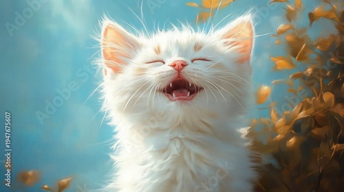 fluffy white kitten with eyes closed and mouth open in a joyful, blissful smile basking in warm sunlight among golden leaves