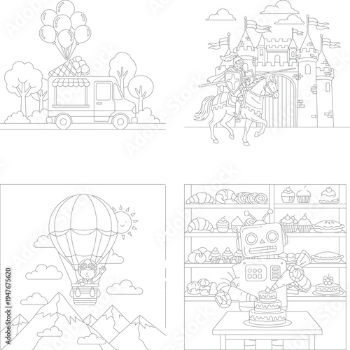 Diverse kids coloring pages: ice cream truck, medieval knight, hot air balloon, and bakery scene outline art, coloring page