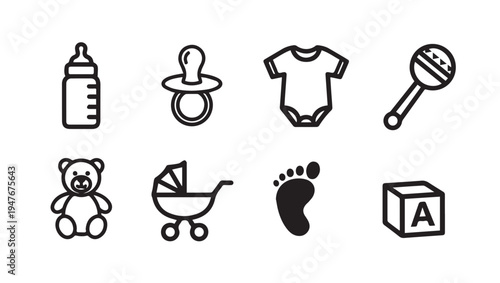Collection of Baby Icons: Bottle Pacifier Onesie Rattle Bear Stroller Footprint Block