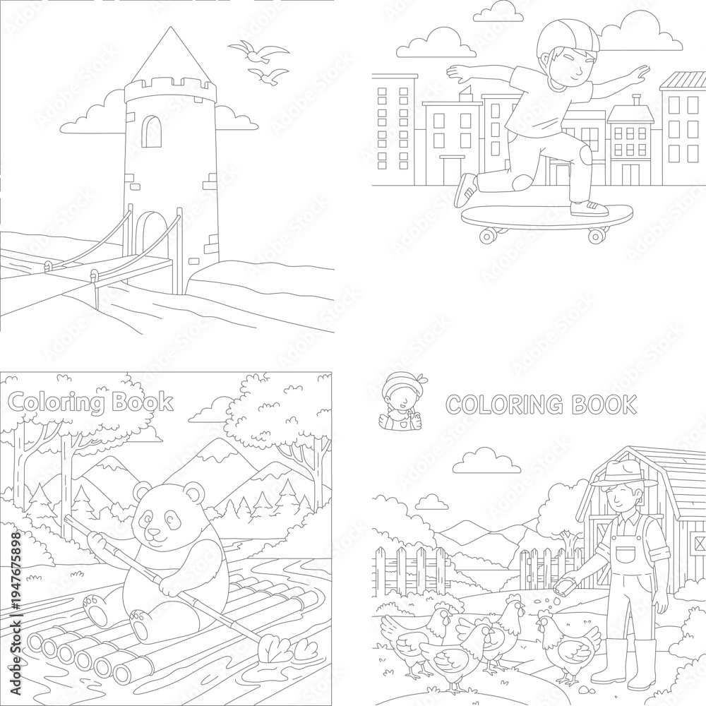 Obraz premium Charming coloring book scenes: medieval castle, skateboarding boy, panda river rafting, farmer barn animals, line art, rural life