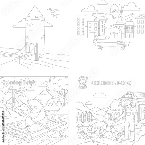 Charming coloring book scenes: medieval castle, skateboarding boy, panda river rafting, farmer barn animals, line art, rural life