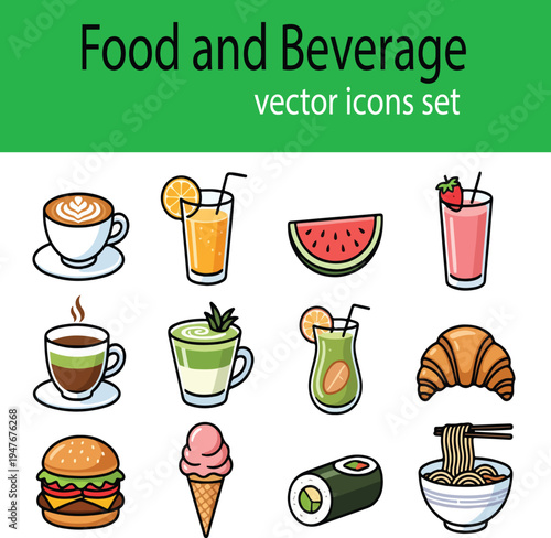 Food and Beverage Vector Icons Set with Coffee, Burger, Pizza, Sushi and Drinks