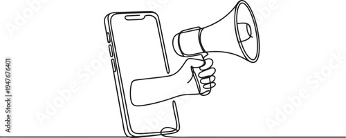hand holding megaphone coming out from smartphone screen marketing. one line art icon drawing vector