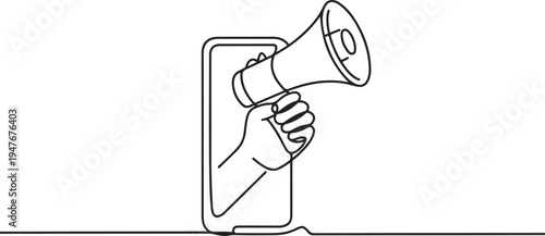 hand holding megaphone coming out from smartphone screen marketing. one line art icon drawing vector