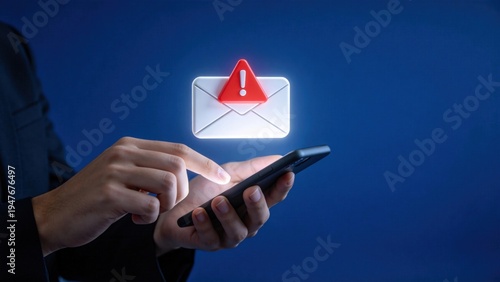 Hand using smartphone with email alert and warning icon,phishing scam and spam message concept,mobile cybersecurity awareness and online fraud risk prevention