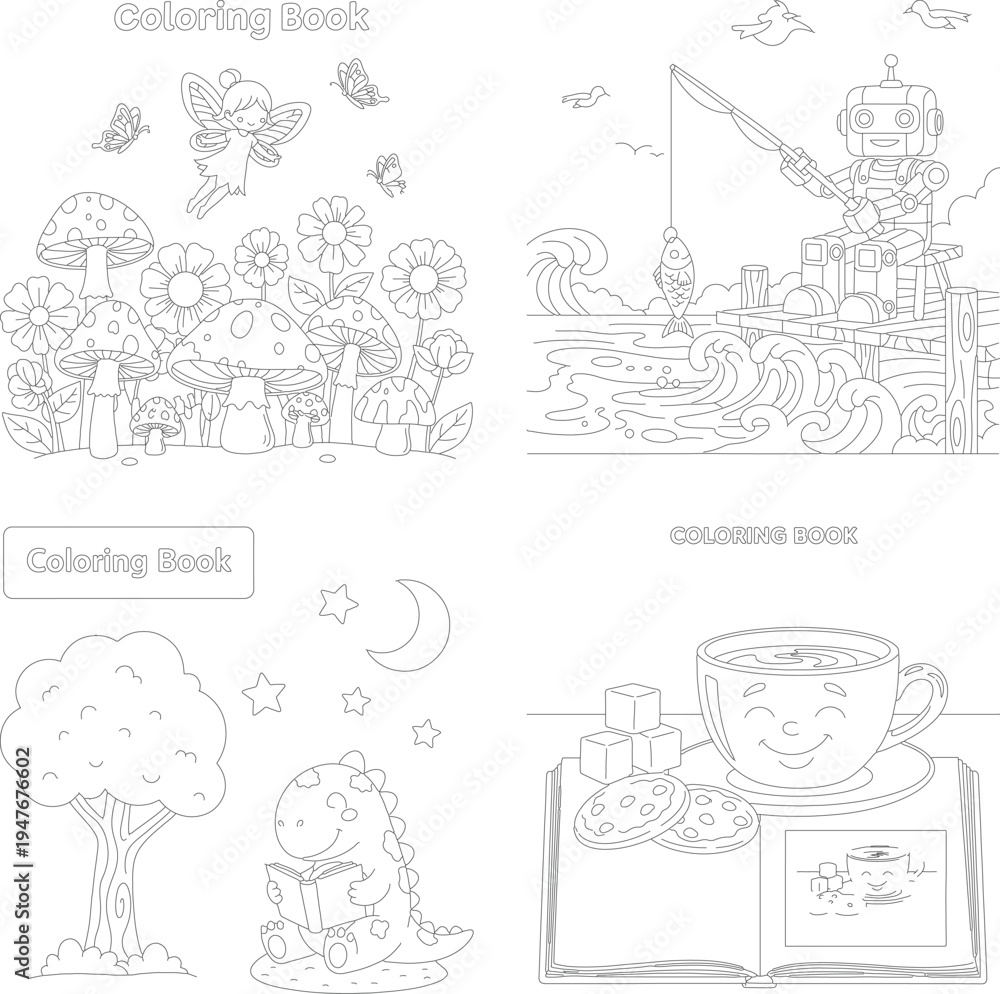 Obraz premium Whimsical coloring book pages: fairy garden, robot fishing, dinosaur reading, tea time cookies storybook, line art