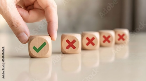 Wooden dice with checkmark and crosses in soft lighting for decision making.