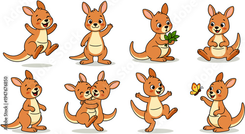 Cute pixel art kangaroo character set with different poses and expressions. Retro 8-bit style Australian animal sprite collection isolated on background. Perfect for game assets, mobile games, sticker