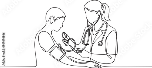 emale doctor checking patient's blood pressure. one line art icon drawing vector