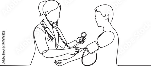 emale doctor checking patient's blood pressure. one line art icon drawing vector