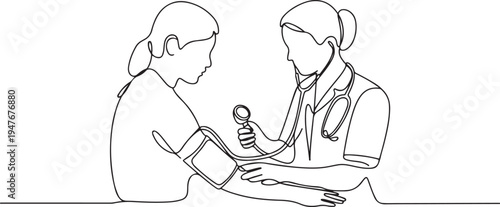 emale doctor checking patient's blood pressure. one line art icon drawing vector