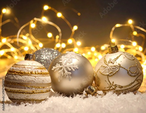 Ornate Christmas ornaments in snowy setting with warm lights