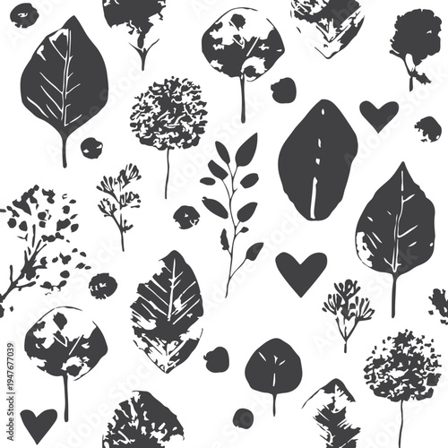 Seamless pattern with dark grey botanical silhouettes and hearts on white background