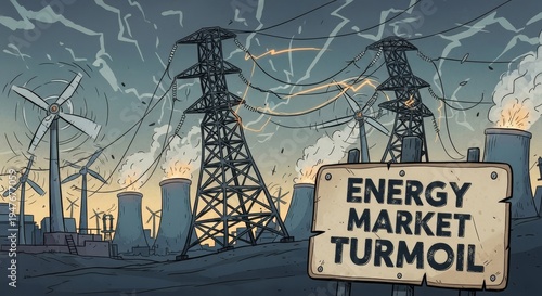 Energy market turmoil with power lines.