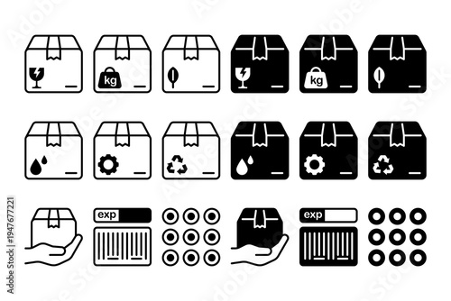 Shipping box handling line icon set for warehouse. Package handling silhouette collection for delivery. Delivery box instruction, Logistics parcel. Vector illustration.