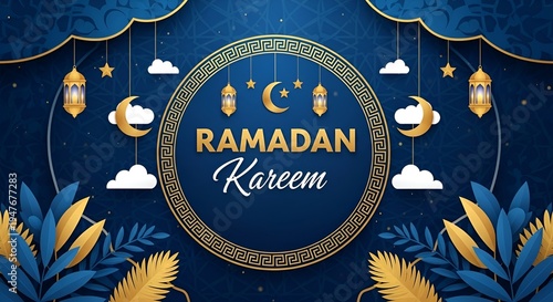 Ramadan kareem paper cut vector. Banner or poster with lantern, star and cloud ornament, suitable for celebrating ramadan events