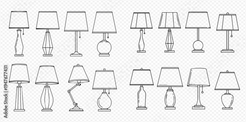 Set of various hand-drawn table lamps, desk lamps, and bedside lamps with different designs and shapes, isolated on a transparent background.