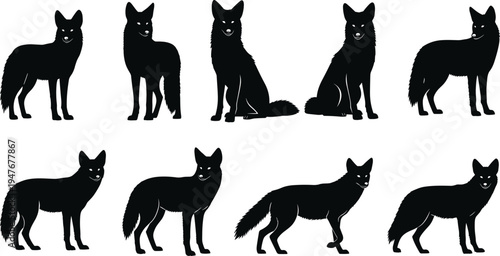 Set of wolf silhouettes and sketches collection, black wild animal icons, coyote nature elements, vector forest wildlife illustration for design