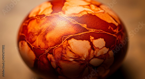 A close-up shot of a single, beautifully dyed egg with intricate reddish-brown marbled patterns, resting on a blurred wooden surface.