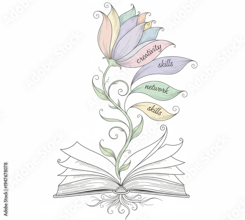 Knowledge Blossoms An illustration of an open book as the root of a vibrant flower, symbolizing creativity, skills, and growth from learning and wisdom
