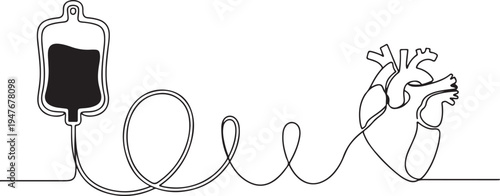blood donor from blood bag to hearth. blood donor day concept. one line art icon drawing vector