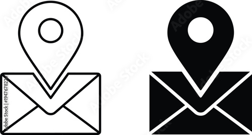 Location pin on mail envelope icon set with outline and silhouette styles representing address delivery navigation communication postal service contact information and map