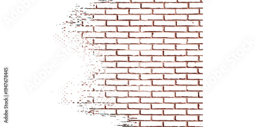 A grunge brown brick wall with an abstract graffiti texture features a central hole in the old stone surface, showcasing a dirty concrete backdrop and weathered red brickwork pattern