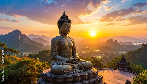 Serene Buddha statue at sunset