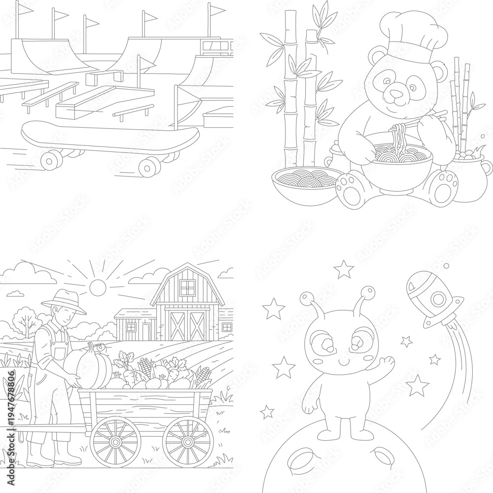 Fototapeta premium Coloring book fun pages with skateboard ramp, panda chef, farmer train, and alien moon landing, outline art, kids activity