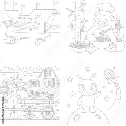 Coloring book fun pages with skateboard ramp, panda chef, farmer train, and alien moon landing, outline art, kids activity