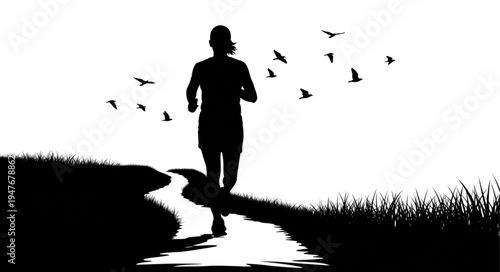 Silhouette of a woman running on a path with birds flying.