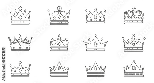 Collection of Twelve Ornate Royal Crowns in Line Art Style.