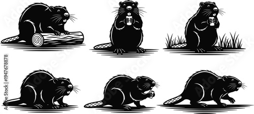 Set of beaver silhouettes and sketches collection, black wild animal icons, woodcut nature elements, vector pond wildlife illustration for design