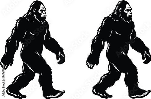 Set of bigfoot sasquatch silhouettes collection, legendary forest creature black icons, mysterious wildlife monster elements, vector mythical ape man sketches