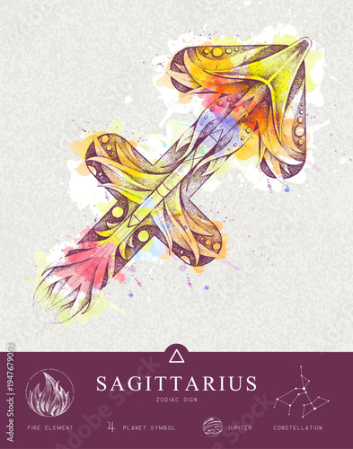 Modern magic witchcraft card with astrology Sagittarius zodiac sign characteristic. Hand drawing art product. Vector illustration