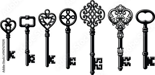 Ornate vintage skeleton keys illustration isolated on white background, antique decorative key set, retro Victorian locksmith design element collection